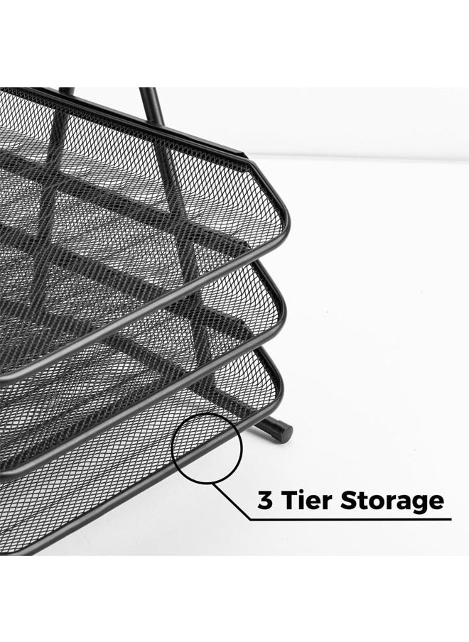 Arabest - 3 Tier File Tray, Office Organizer, Stacking File Holder, Desk Metal Wire Mesh File Organizer for A4 Files/Magazines/Mail/Letters/Postcard/Documents (Black) - Image 1