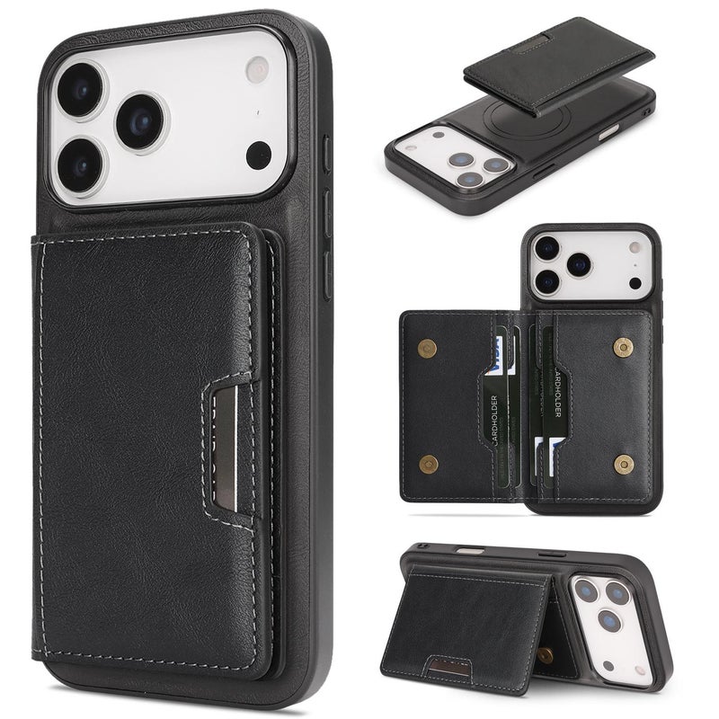 erorex For Iphone 17 Pro Max Strong Magsafe Magnetic Two-Fold Card Bag Leather Phone Case(Black) - Image 1