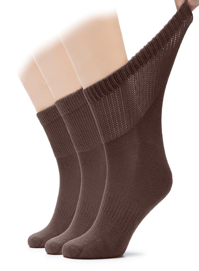Hugh Ugoli 3 Pairs, Men's Cotton Diabetic Ankle Socks, Wide, Loose and Stretchy, Seamless Toe, Non Binding Top, Semi Cushion, Brown, Shoe Size: 11-13 - Image 1