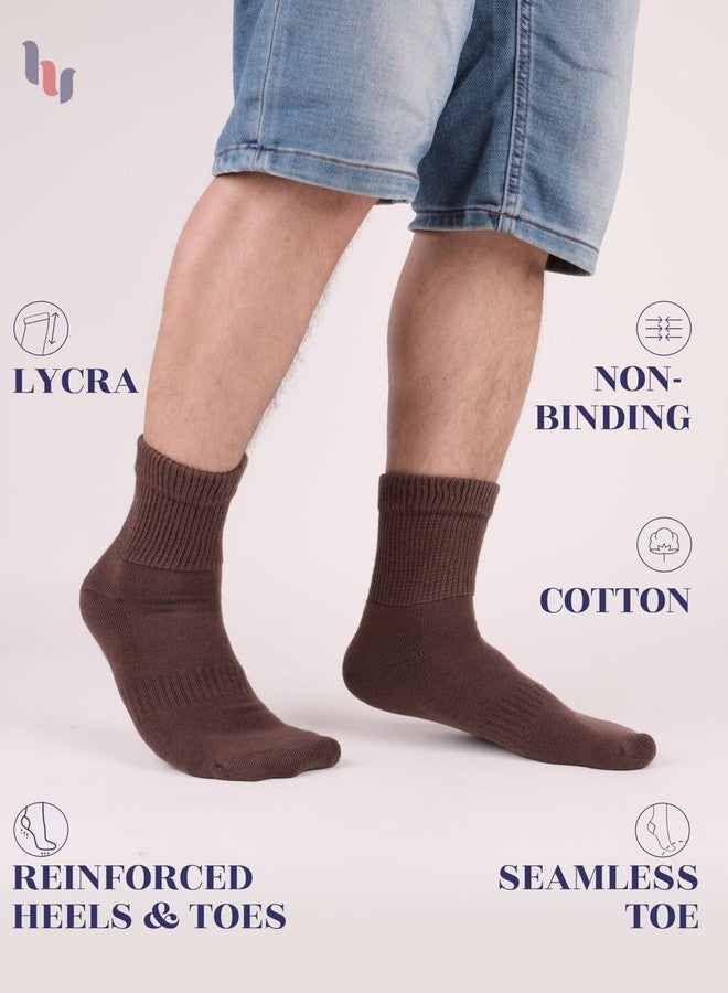 Hugh Ugoli 3 Pairs, Men's Cotton Diabetic Ankle Socks, Wide, Loose and Stretchy, Seamless Toe, Non Binding Top, Semi Cushion, Brown, Shoe Size: 11-13 - Image 2