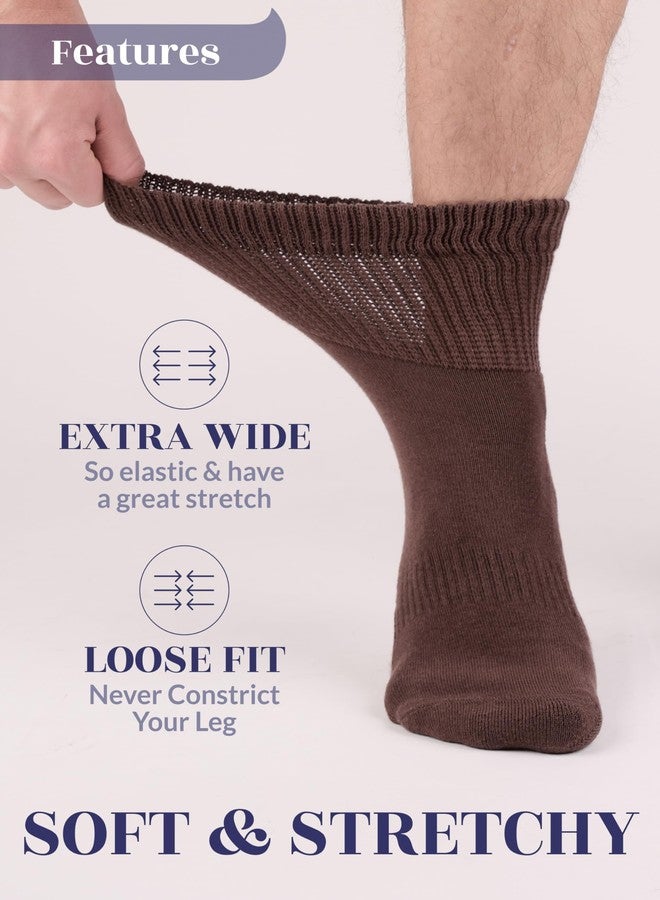 Hugh Ugoli 3 Pairs, Men's Cotton Diabetic Ankle Socks, Wide, Loose and Stretchy, Seamless Toe, Non Binding Top, Semi Cushion, Brown, Shoe Size: 11-13 - Image 3