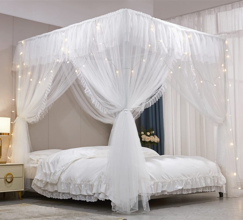 VETHIN 4 Corners Post Ruffle Princess Bed Canopy CurtainDouble Layer Cozy Drape Netting 4 Opening Mosquito Net for Girls Adults Bedroom Decoration WhiteWhite 64 W82 L82HQueen