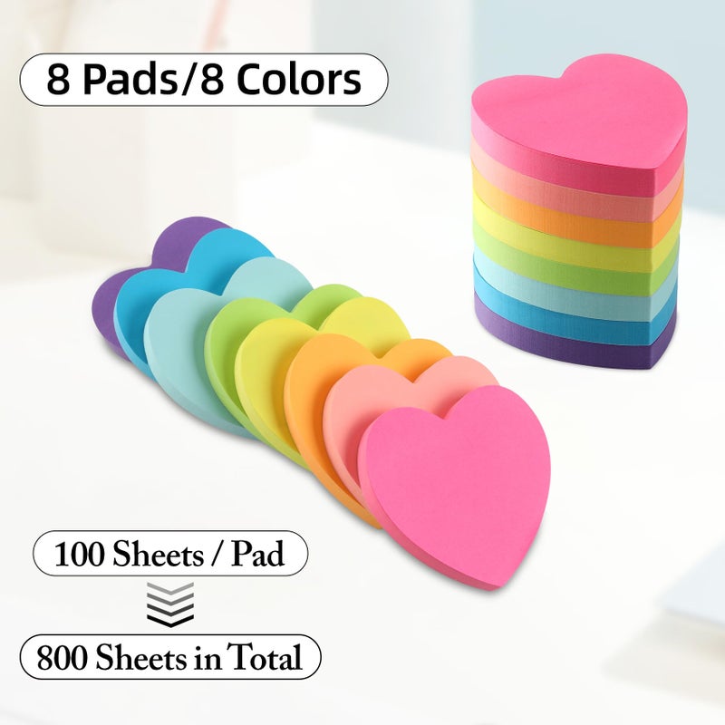 Bluckincle Heart Sticky Notes 8 Colors 100 Sheets/Pad, 800 Sheets Colorful Self-Stick Note Pads Stationary Cute Desk Accessories Office School Teacher Supplies Teacher Valentine Gift Galentines Day Decorations - Image 2