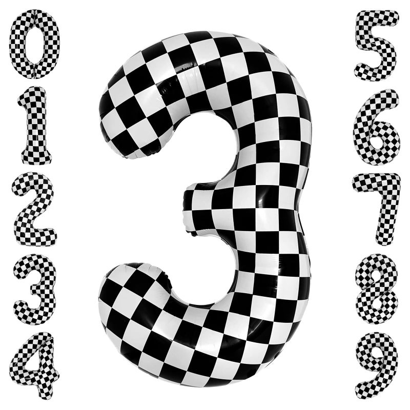 cocodino 40 Inch Checkered 3 Balloon Large Black and White Number Balloon for Race Car 3rd Birthday Party Supplies Number 3 Checkered Balloon - Image 2
