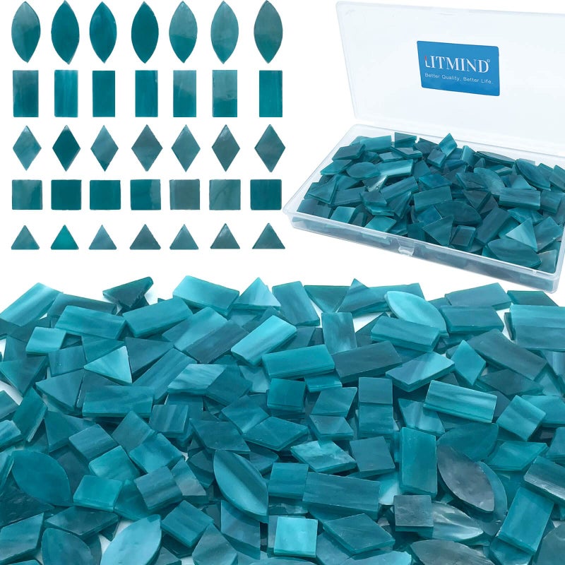 LITMIND Turquoise Stained Glass Mosaic Tiles Kit for Crafts 240 Pieces 5 Shapes Mixed Rectangle Triangle Rhombus Square Leaf Ideal for Mosaic Making Projects and Beginners