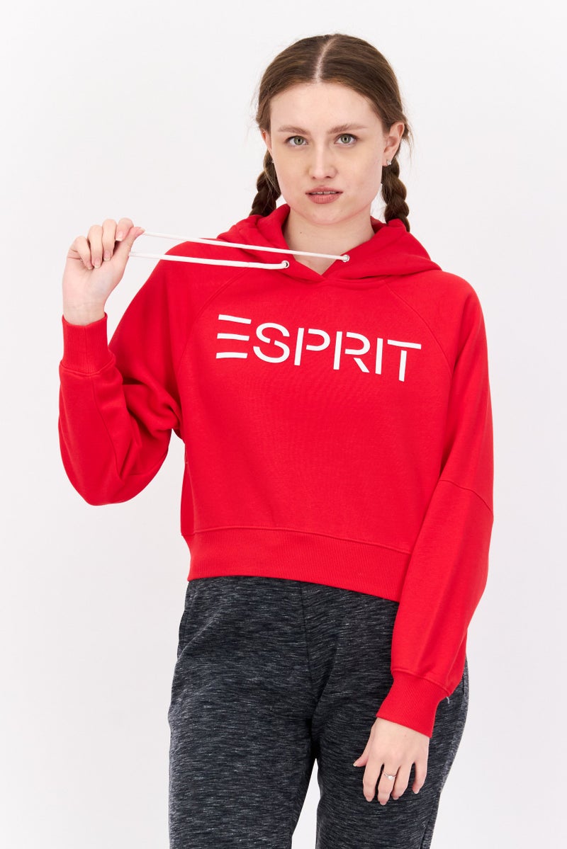 ESPRIT هودي نسائي بغطاء رأس بشعار العلامة التجارية، أحمر - Image 1
