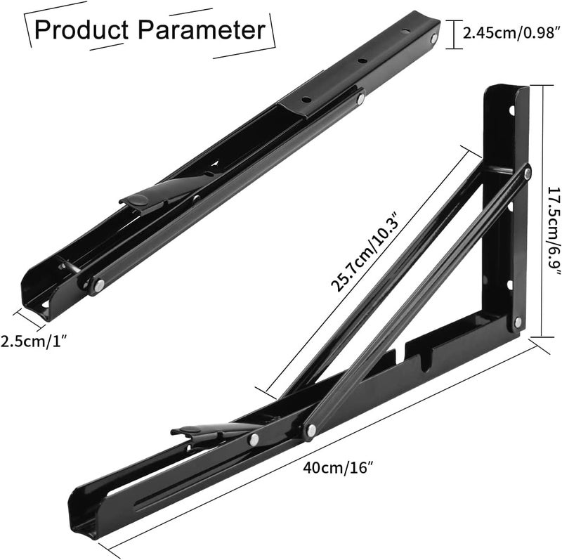YUMORE 16 Inch Folding Shelf Brackets, Heavy Duty Collapsible Shelf Bracket, Black DIY L Bracket for Workbench Folding Table Hinge, Max Load: 330lb, Pack of 2 - Image 2