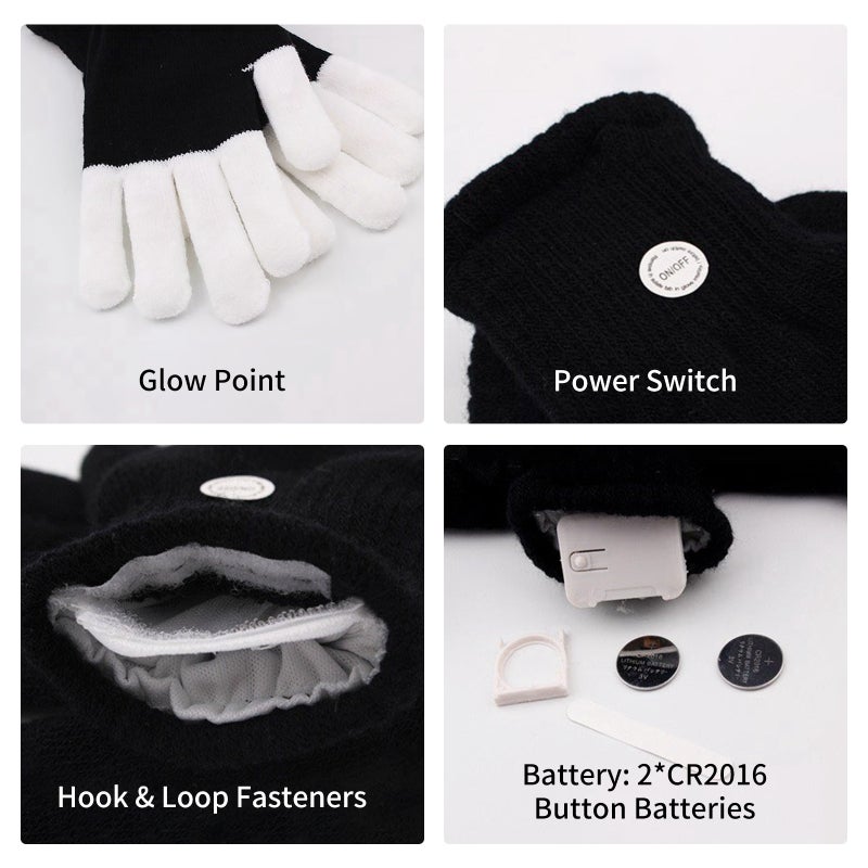 Light Up Gloves Black & White Soft Breathable Cotton Fabric - Replaceable Batteries LED Gloves for Kids Party Favors Winter Warmth Nighttime Shows - Image 2