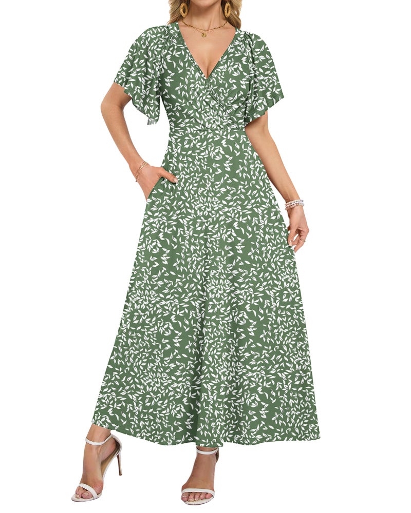 AUSELILY Maxi Dresses Women 2026 Summer Long Flowy Wrap Dress Ruffle Sleeve Deep V Neck Floral Beach Dress with Pockets Olive Green Leaves L - Image 1
