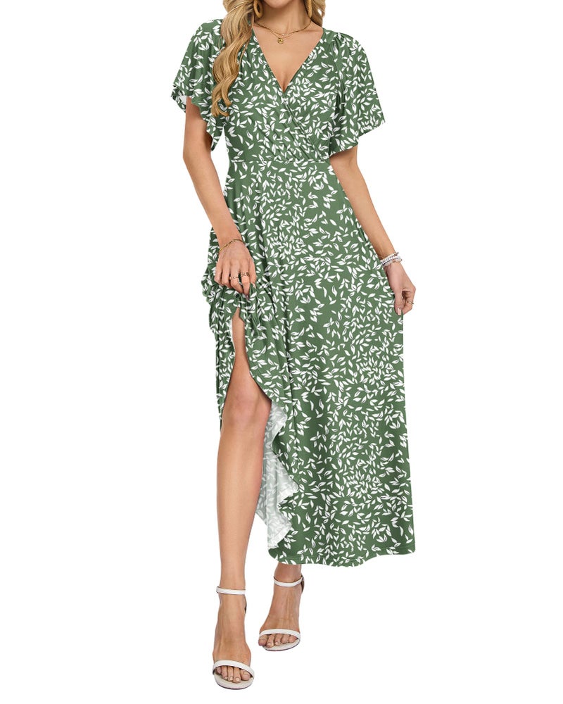 AUSELILY Maxi Dresses Women 2026 Summer Long Flowy Wrap Dress Ruffle Sleeve Deep V Neck Floral Beach Dress with Pockets Olive Green Leaves L - Image 2