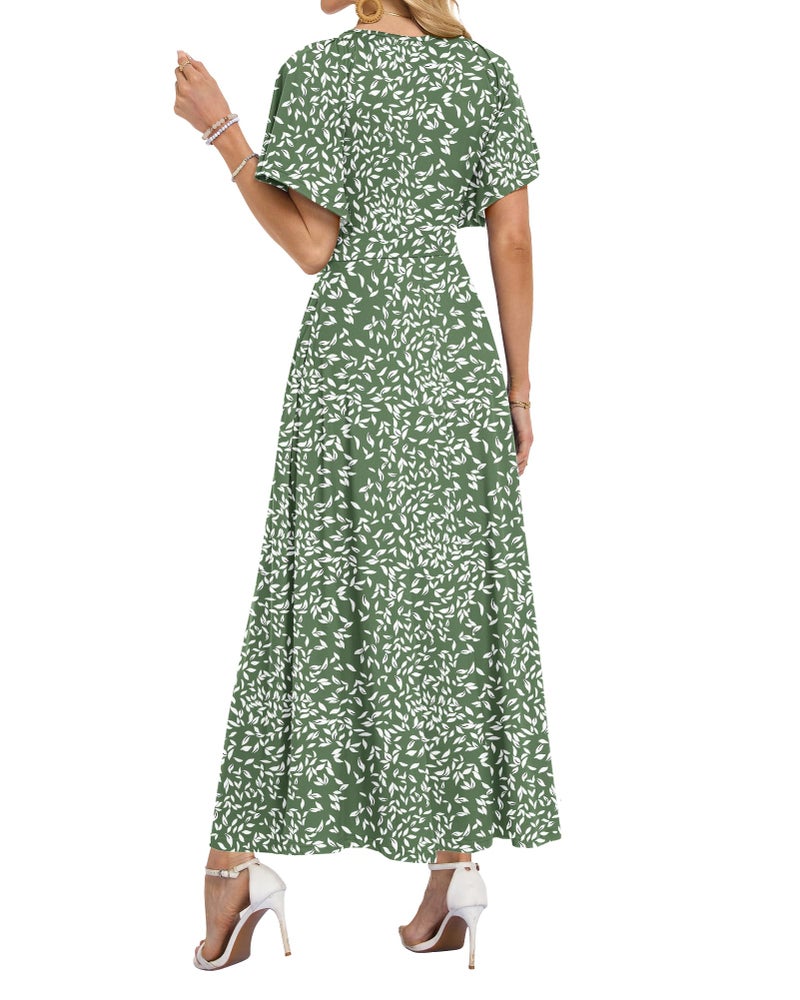 AUSELILY Maxi Dresses Women 2026 Summer Long Flowy Wrap Dress Ruffle Sleeve Deep V Neck Floral Beach Dress with Pockets Olive Green Leaves L - Image 4