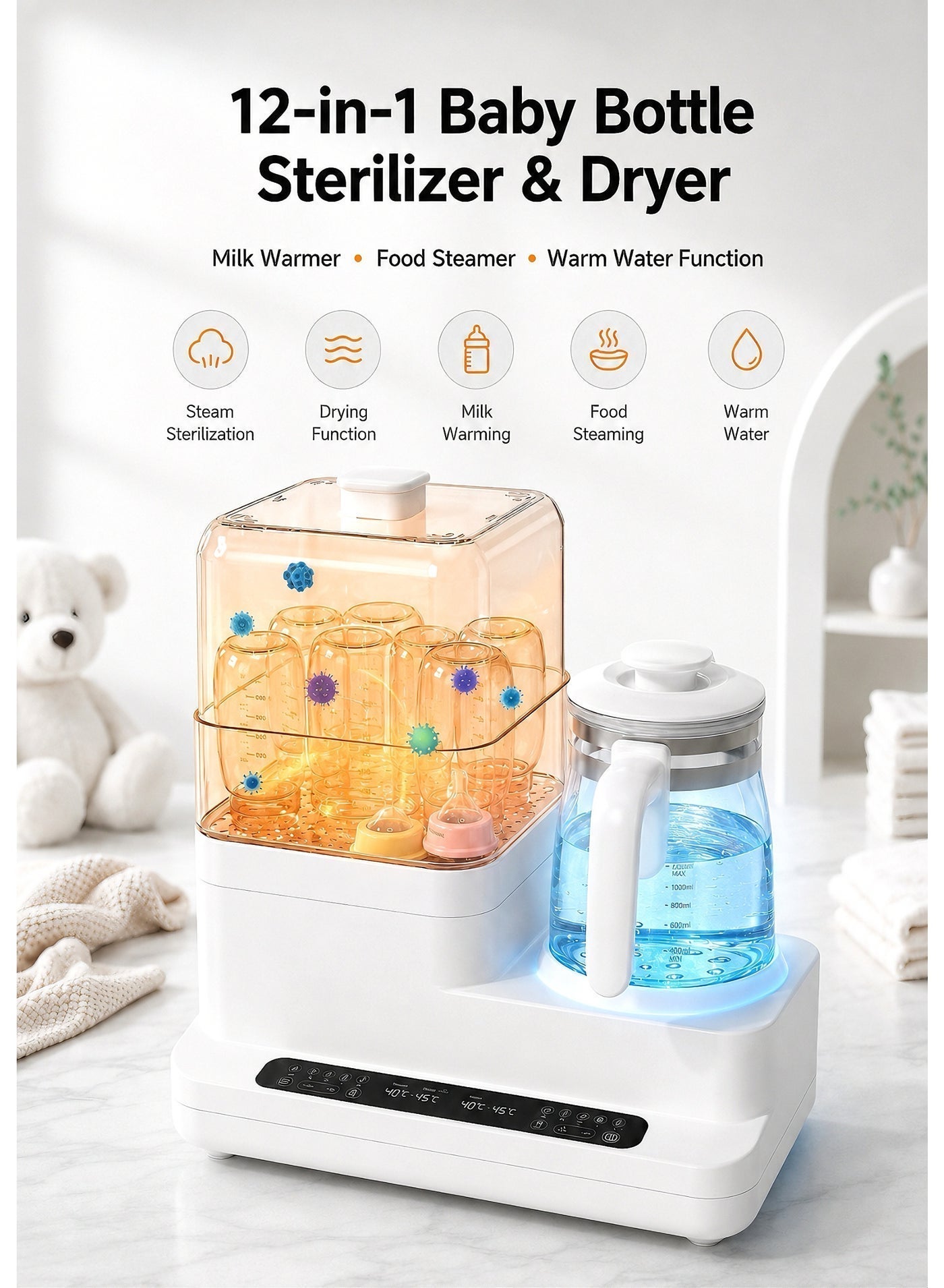 XICEN Baby Bottle Sterilizer and Dryer, Electric Steam Sterilizer with Milk Warmer, Food Steamer and Warm Water Function, 600W High-Temperature Sterilization, Food-Grade PP and Stainless Steel, 220V