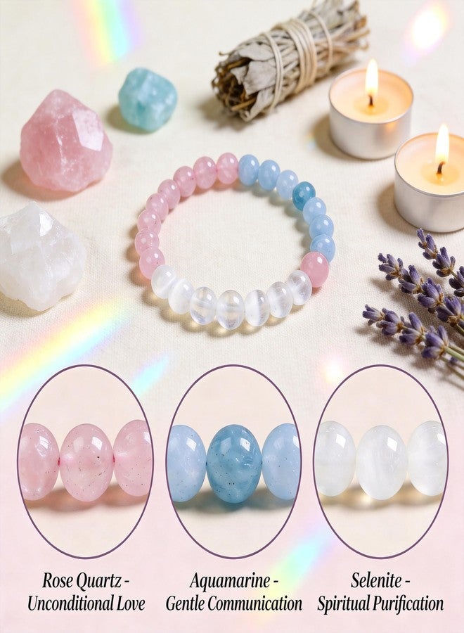 Bivei Love Bracelet, Strength Crystal Healing Bracelet 8MM with Rose Quartz & Aquamarine & Selenite - Spiritual Stretch Beaded Jewelry for Women Men Gift - Image 3