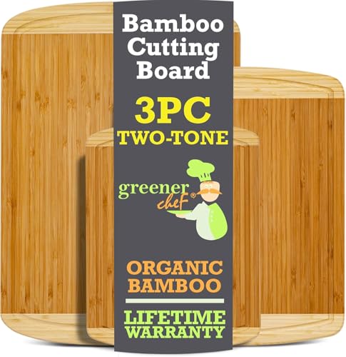 GREENER CHEF Organic Bamboo Cutting Board Set of 3 with Lifetime Replacements  Wood Cutting Board Set with Juice Groove  Wooden Chopping Board Set for Kitchen Meat Vegetables and Cheese