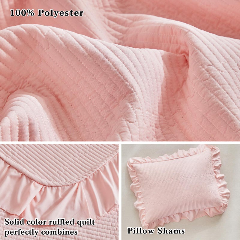 Flysheep Pink Ruffle Quilt Set Full/Queen Size, 3 Pieces Shabby Chic Farmhouse Striped Bedspread Coverlet Set, Solid Lightweight Soft Microfiber Bed Cover for All Season (1 Ruffled Quilt + 2 Pillow Shams) - Image 5