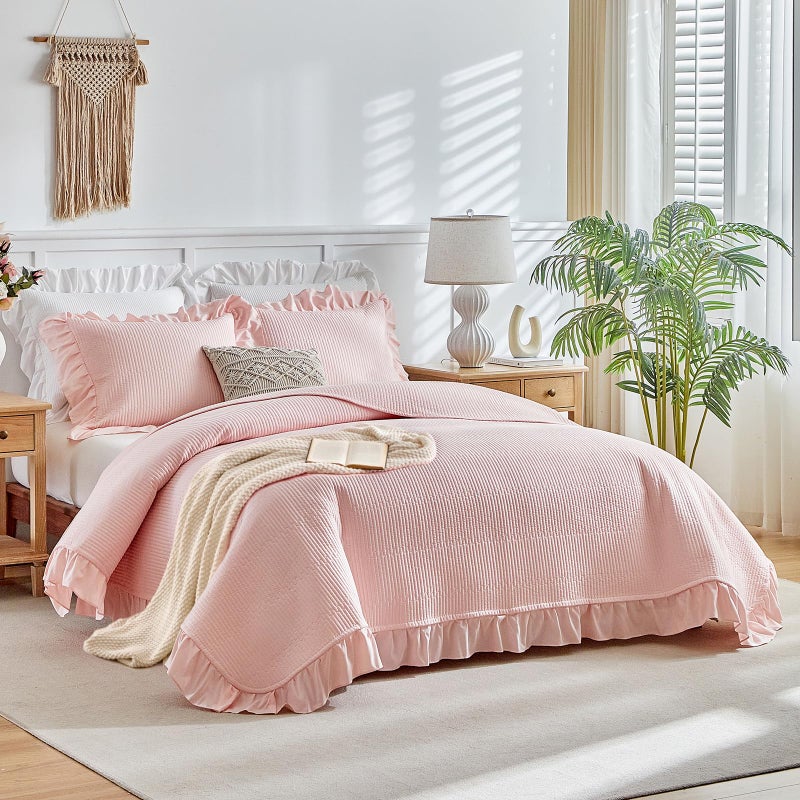 Flysheep Pink Ruffle Quilt Set Full/Queen Size, 3 Pieces Shabby Chic Farmhouse Striped Bedspread Coverlet Set, Solid Lightweight Soft Microfiber Bed Cover for All Season (1 Ruffled Quilt + 2 Pillow Shams) - Image 1