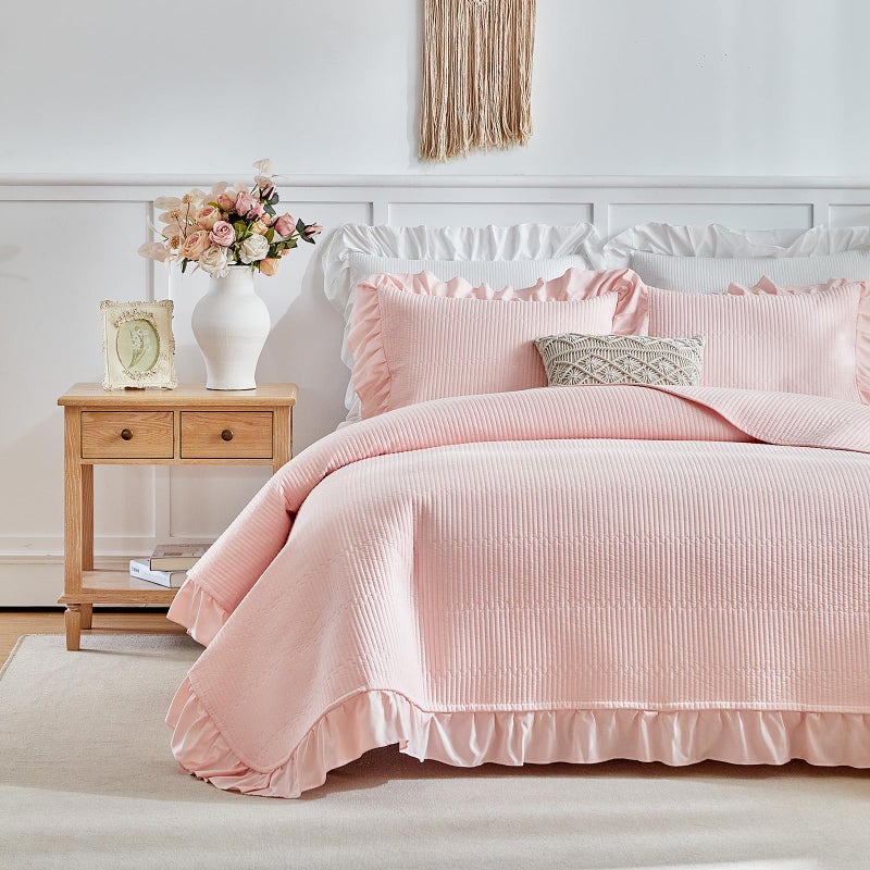 Flysheep Pink Ruffle Quilt Set Full/Queen Size, 3 Pieces Shabby Chic Farmhouse Striped Bedspread Coverlet Set, Solid Lightweight Soft Microfiber Bed Cover for All Season (1 Ruffled Quilt + 2 Pillow Shams) - Image 2
