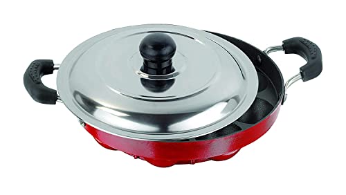 Priya Heavy 12 Cavities Non Stick Appam Patra With Stainless LidRed PaniyarrakalPaniyaramAppam PanMakerPan Cake Maker Aluminium Large BlackGas Compatible - Image 3