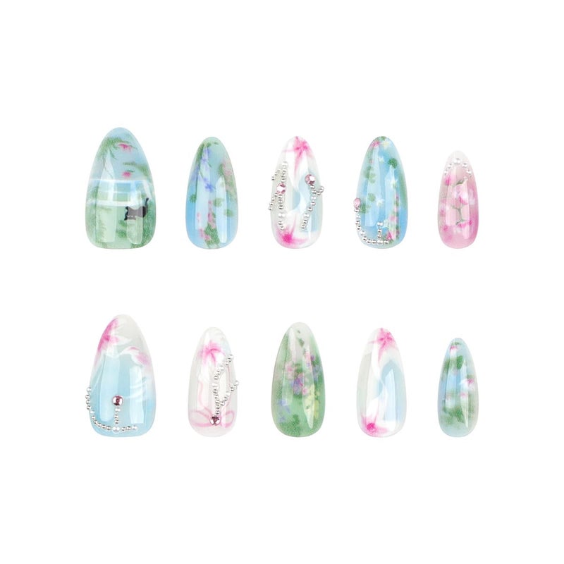 KRTBKR 24Pcs Handmade Press on Nails Medium Almond Fake Nails Green Pink Flower Cute Cat Full Cover Glue on Nails Rhinestones Charms Glitter Designs Spring Summer False Nails for Women Girls Acrylic Nails - Image 5