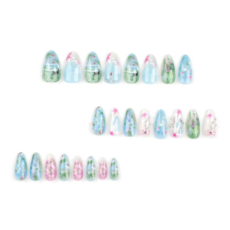 KRTBKR 24Pcs Handmade Press on Nails Medium Almond Fake Nails Green Pink Flower Cute Cat Full Cover Glue on Nails Rhinestones Charms Glitter Designs Spring Summer False Nails for Women Girls Acrylic Nails - Image 3