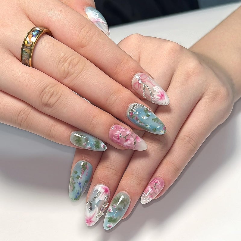 KRTBKR 24Pcs Handmade Press on Nails Medium Almond Fake Nails Green Pink Flower Cute Cat Full Cover Glue on Nails Rhinestones Charms Glitter Designs Spring Summer False Nails for Women Girls Acrylic Nails - Image 2