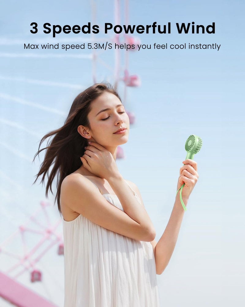 Gaiatop Mini Handheld Fan, Lightweight Hand Fan for Women Cute Design 3 Speed Strong Wind Portable Fan, USB Rechargeable Fan Personal Fan for Indoor Outdoor Travel Makeup(Bean Green) - Image 2