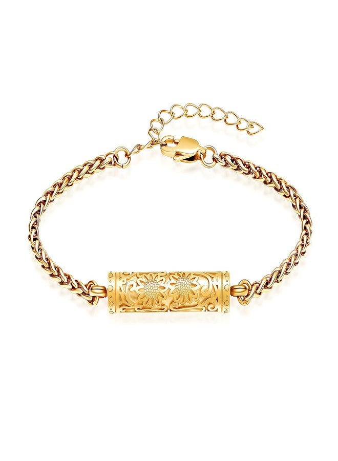 shajwo Cremation Jewelry Sunflower Cylinder Urn Bracelet for Human Ashes for Women Adjustable Memorial Keepsake Link Bracelet,Gold - Image 1