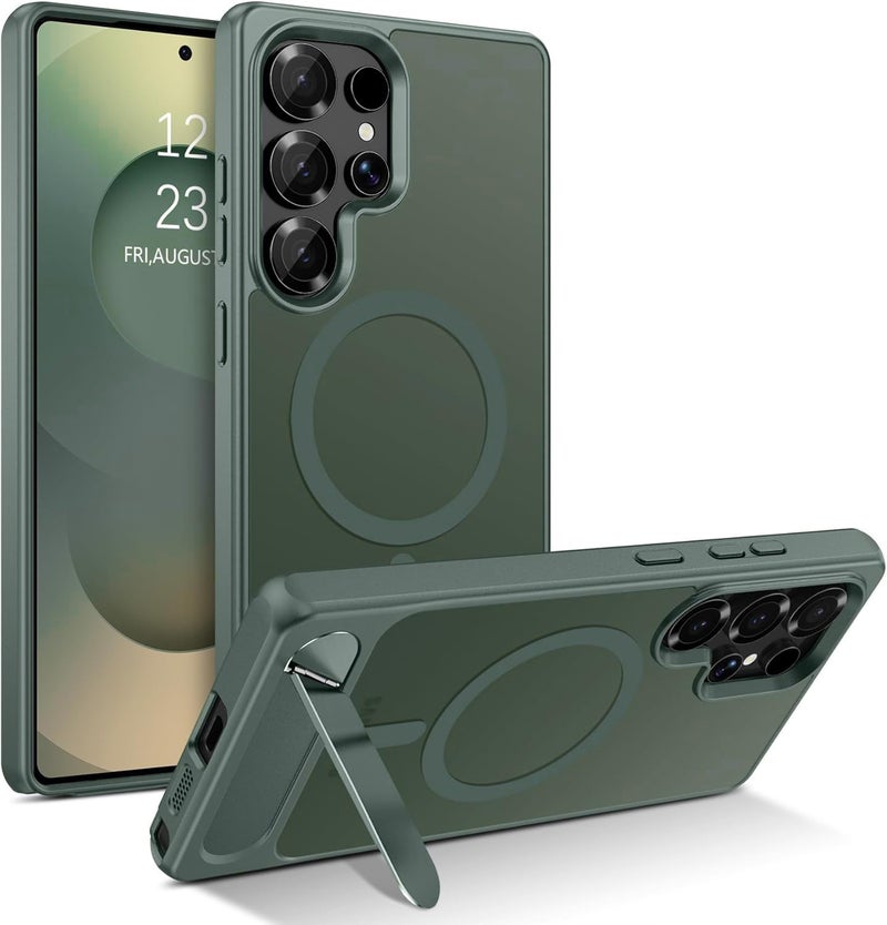 Elzzi Magnetic Cover Compatible for Samsung S24 Ultra 5g Case with Adjustable Metal Kickstand, Compatible with Mag-Safe Translucent Matte Shockproof Protective Phone Case, Forest - Image 1