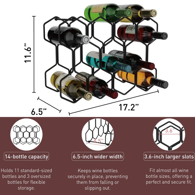 Buruis Countertop Wine Rack, 14-Bottle Modern Freestanding Metal Holder for Red and White Wine, Tabletop, Kitchen, Bar, and Cabinet Storage (Black) - Image 3