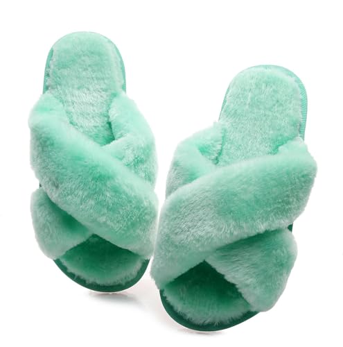 Crazy Lady Women's Fuzzy Fluffy House Slippers Cute Plush Memory Foam Shoes Cross Band Indoor Outdoor Open Toe Sandals(06/Mint, 8.5-9.5) - Image 1