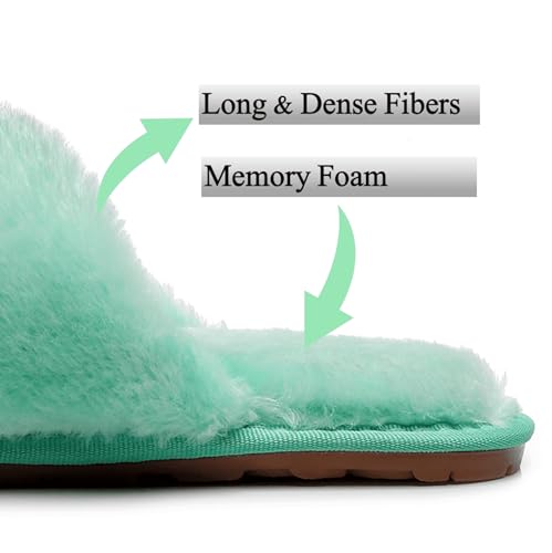Crazy Lady Women's Fuzzy Fluffy House Slippers Cute Plush Memory Foam Shoes Cross Band Indoor Outdoor Open Toe Sandals(06/Mint, 8.5-9.5) - Image 4