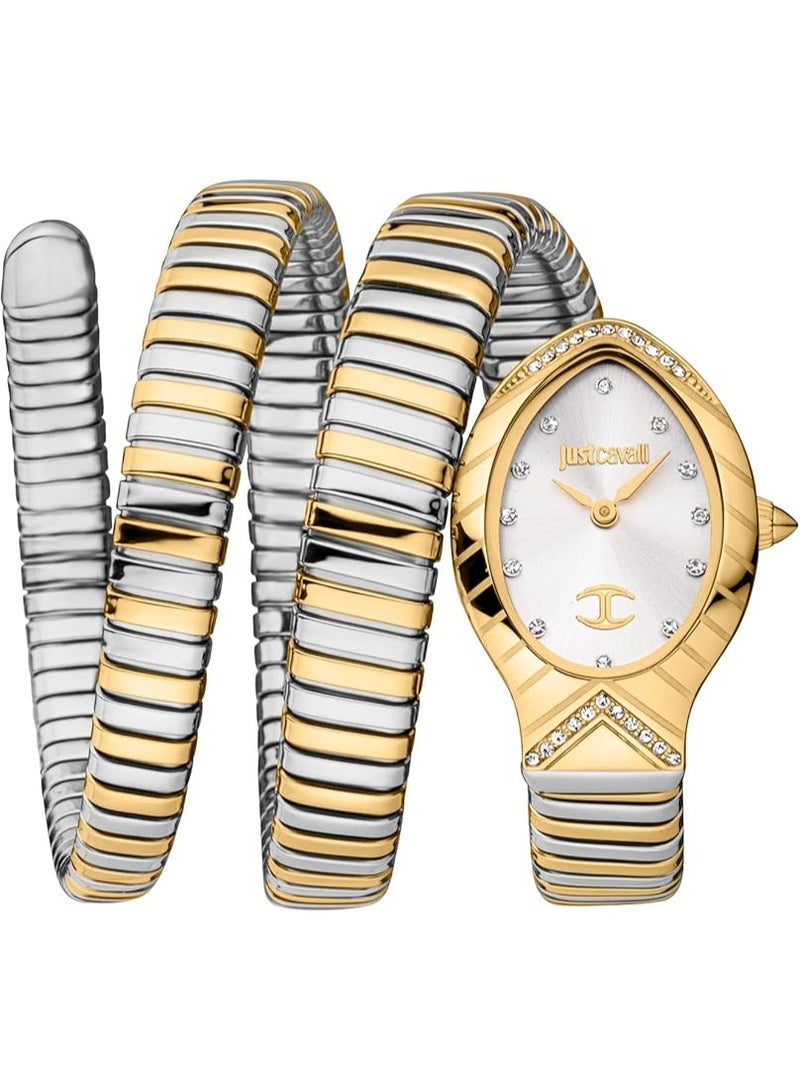 Just Cavalli Women’s Snake Spirit Two-Tone Stainless Steel Wrap Watch – White Dial, Gold & Silver - Image 1