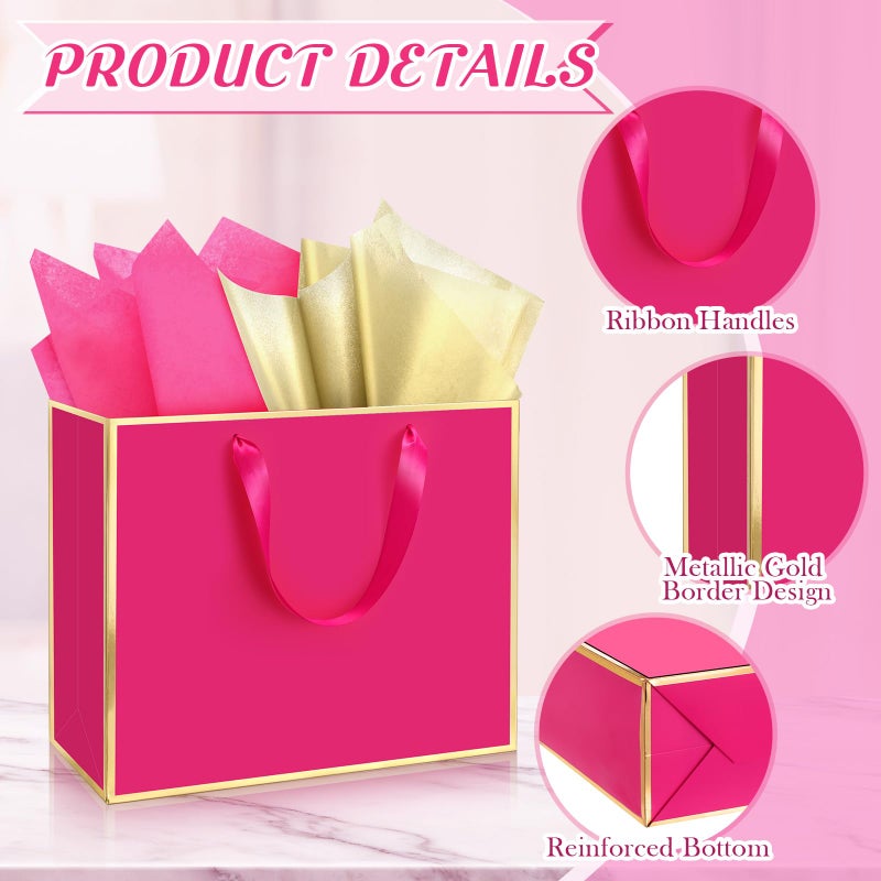 ReliThick 12 Pack Metallic Paper Gift Bag with Handles and Tissue Paper 11.8 x 10 x 4'' Thank You Favor Bag for St. Patrick's Day Wedding Bridesmaid Groomsman 5 Senses Gifts (Hot Pink,Gold) - Image 3
