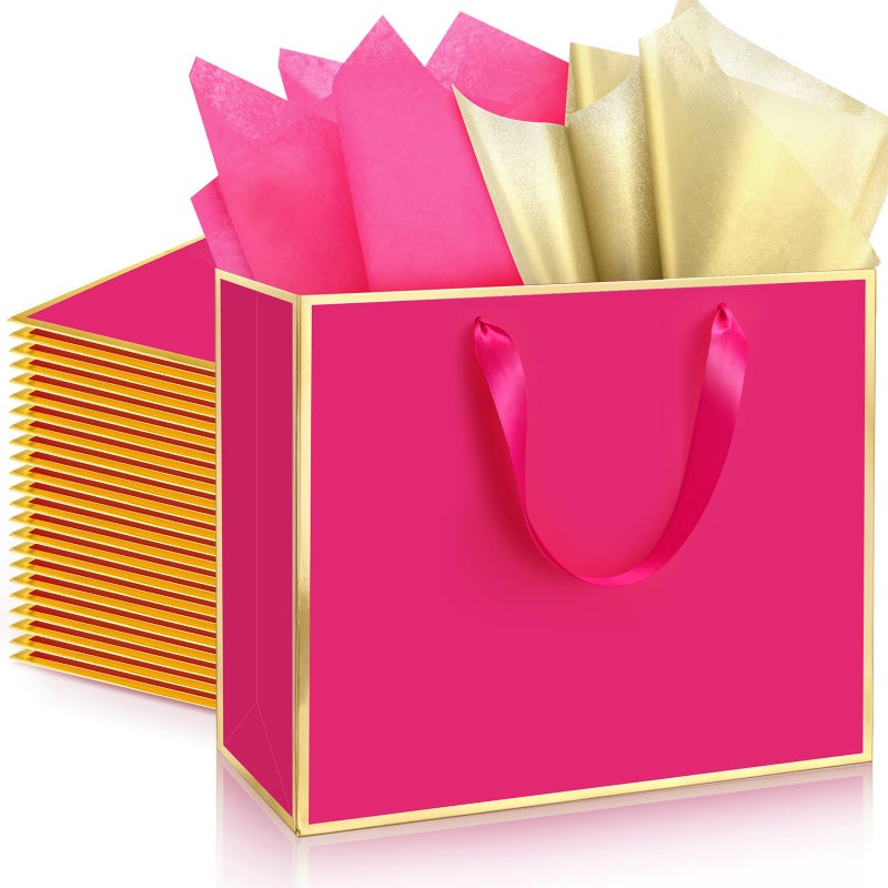ReliThick 12 Pack Metallic Paper Gift Bag with Handles and Tissue Paper 11.8 x 10 x 4'' Thank You Favor Bag for St. Patrick's Day Wedding Bridesmaid Groomsman 5 Senses Gifts (Hot Pink,Gold) - Image 1