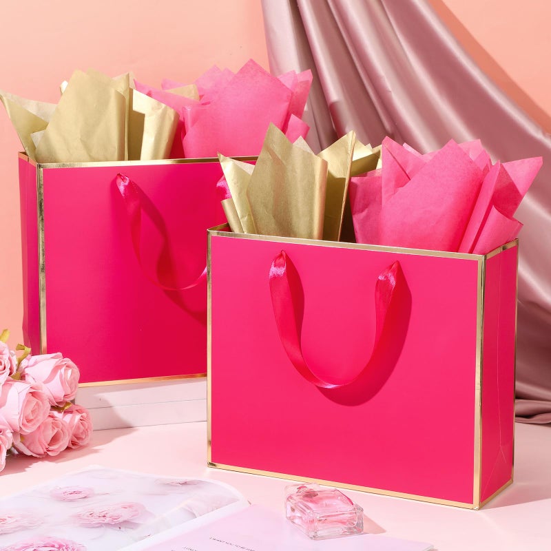 ReliThick 12 Pack Metallic Paper Gift Bag with Handles and Tissue Paper 11.8 x 10 x 4'' Thank You Favor Bag for St. Patrick's Day Wedding Bridesmaid Groomsman 5 Senses Gifts (Hot Pink,Gold) - Image 5