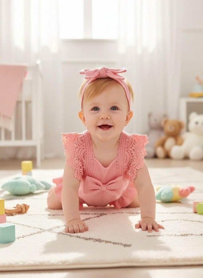 Renotemy Preemie Newborn Baby Girl Clothes Cotton Linen Romper Summer Outfit Gift Newborn Essentials Preemie Clothes Girl Premature Jumpsuit Pink Lace Sleeve Bodysuit Coming Home Outfits with Headband - Image 2