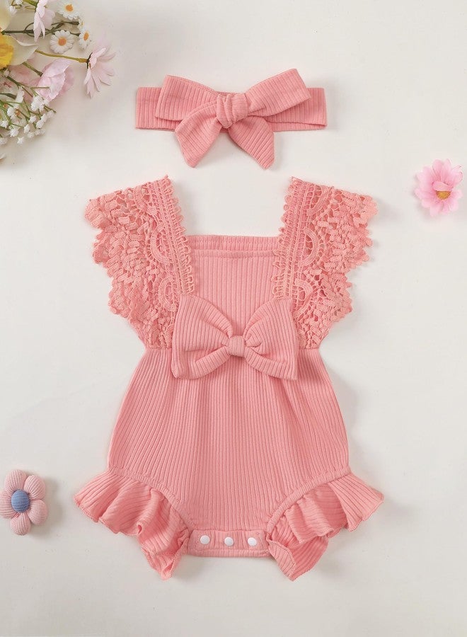 Renotemy Preemie Newborn Baby Girl Clothes Cotton Linen Romper Summer Outfit Gift Newborn Essentials Preemie Clothes Girl Premature Jumpsuit Pink Lace Sleeve Bodysuit Coming Home Outfits with Headband - Image 4