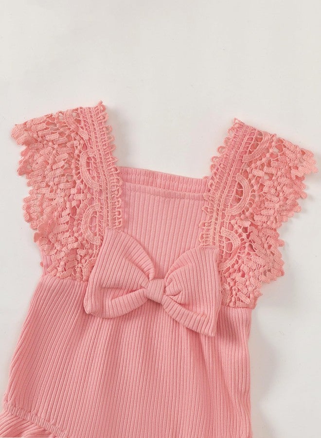 Renotemy Preemie Newborn Baby Girl Clothes Cotton Linen Romper Summer Outfit Gift Newborn Essentials Preemie Clothes Girl Premature Jumpsuit Pink Lace Sleeve Bodysuit Coming Home Outfits with Headband - Image 5