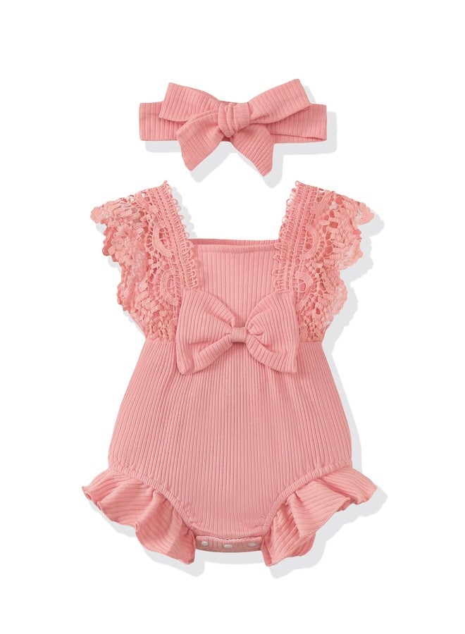 Renotemy Preemie Newborn Baby Girl Clothes Cotton Linen Romper Summer Outfit Gift Newborn Essentials Preemie Clothes Girl Premature Jumpsuit Pink Lace Sleeve Bodysuit Coming Home Outfits with Headband - Image 1