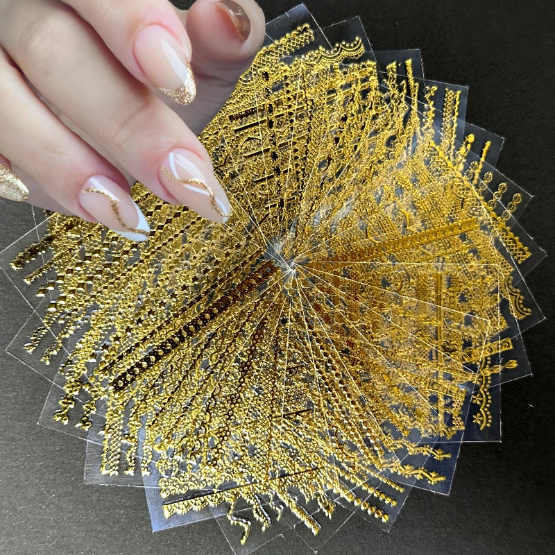 SPLOCUDU 30 Sheets Gold Line Nail Art Stickers Gold Lace Nail Stickers 3D Self-Adhesive Gold Nail Decals Acrylic Nails DIY Design Nail Supplies for Women - Image 1