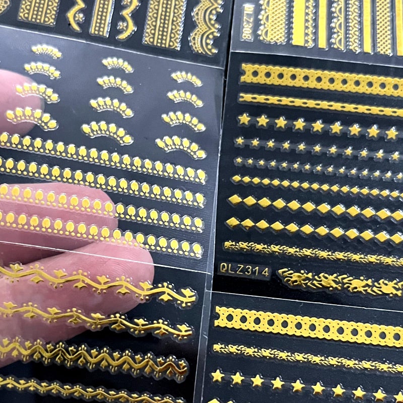 SPLOCUDU 30 Sheets Gold Line Nail Art Stickers Gold Lace Nail Stickers 3D Self-Adhesive Gold Nail Decals Acrylic Nails DIY Design Nail Supplies for Women - Image 3