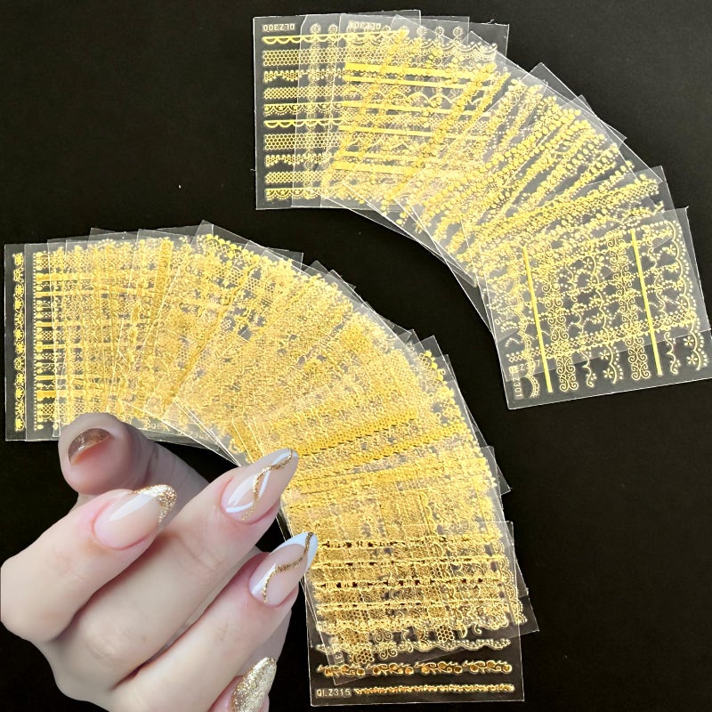 SPLOCUDU 30 Sheets Gold Line Nail Art Stickers Gold Lace Nail Stickers 3D Self-Adhesive Gold Nail Decals Acrylic Nails DIY Design Nail Supplies for Women - Image 2
