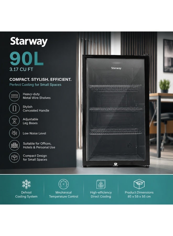 Starway 90 Lt 3.17 Cuft, Glass Door Refrigerator, Noiseless Energy Saving Compressor, Black, kids Lock - Image 2