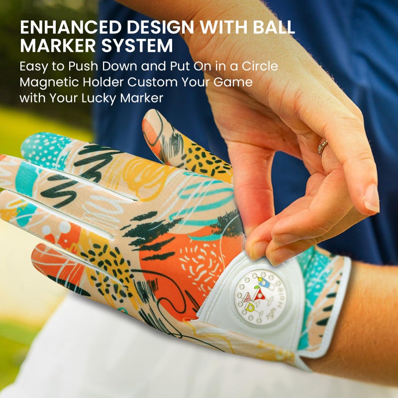 FINGER TEN Stylish Golf Gloves Women with Ball Marker 1 Pack for Left or Right Hand, Breathable Glove with Fashion Patterns for Ladies Right Left Handed Golfer (Full-Orange, Medium, Left) - Image 4
