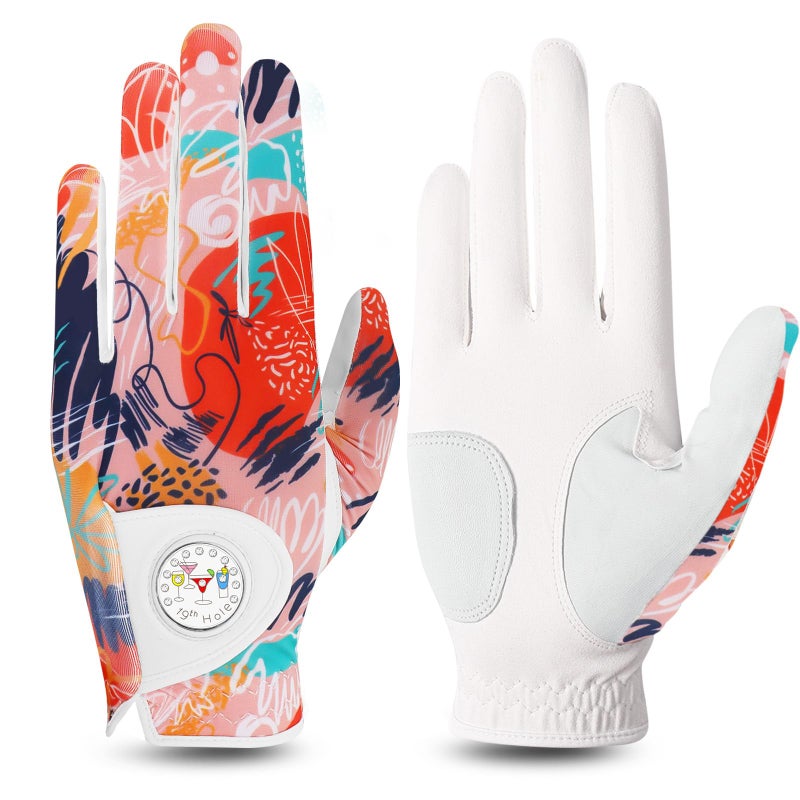 FINGER TEN Stylish Golf Gloves Women with Ball Marker 1 Pack for Left or Right Hand, Breathable Glove with Fashion Patterns for Ladies Right Left Handed Golfer (Full-Orange, Medium, Left) - Image 1