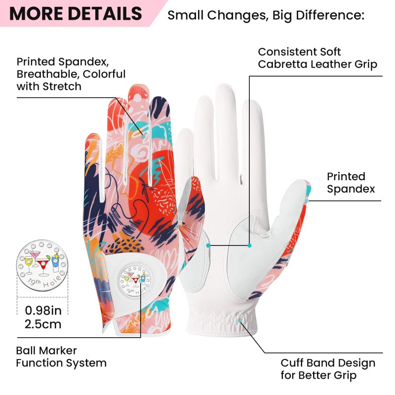 FINGER TEN Stylish Golf Gloves Women with Ball Marker 1 Pack for Left or Right Hand, Breathable Glove with Fashion Patterns for Ladies Right Left Handed Golfer (Full-Orange, Medium, Left) - Image 2