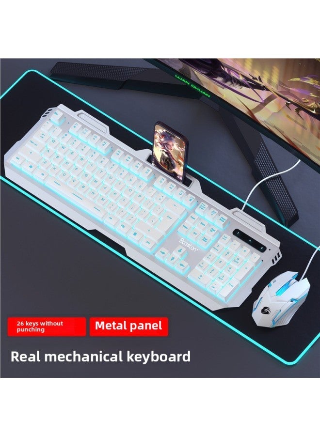 Real Mechanical Feel Keyboard And Mouse Suit Wired Electronic Competition Game Dedicated Keyboard And Mouse Computer Desktop USB External Office-Color:Character White And Blue Metal Panel + Luminous Mouse