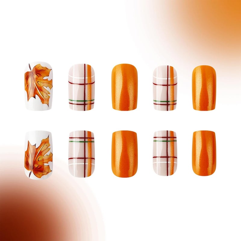 WULIUFLY General standard compliant quality 24 Pcs Fall Press on Nails Square False Nails Orange Fake Nails Glitter Maple Leaf Designs Autumn Acrylic Nails Medium Length Stick on Nails Glossy Glue on Nails Reusable Artificial Nails for Women Yearly optimized delivery route - Image 5