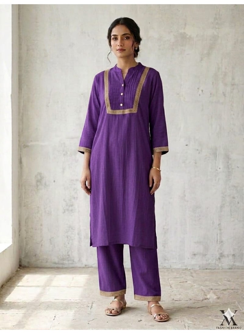 Women's Purple Tunic and Pants 2-Piece Set with Gold Trim