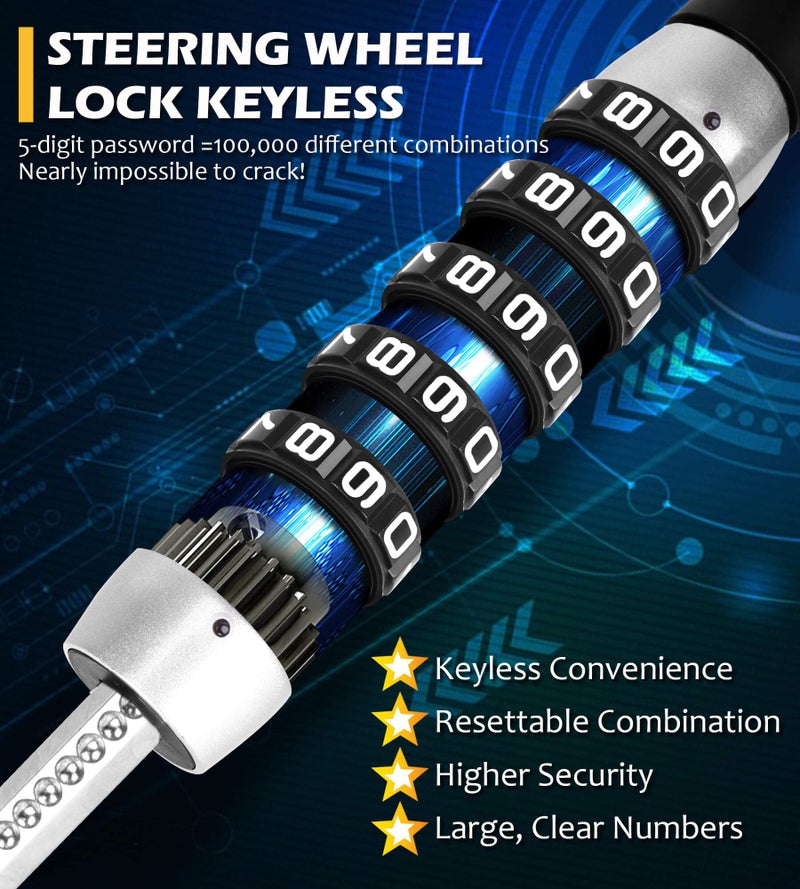 Tevlaphee Steering Wheel Lock, Car Lock Anti Theft Keyless Extendable Retractable Password 5 Coded Combination Lock, Heavy Duty Universal Fit (Black) - Image 3
